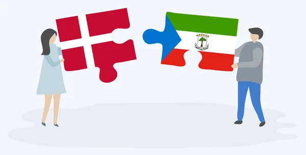 Para Kreskówek Posiadających Dwa Kawałki Puzzli Duńskimi Równikowej Flagi Gwinejskie — Wektor stockowy