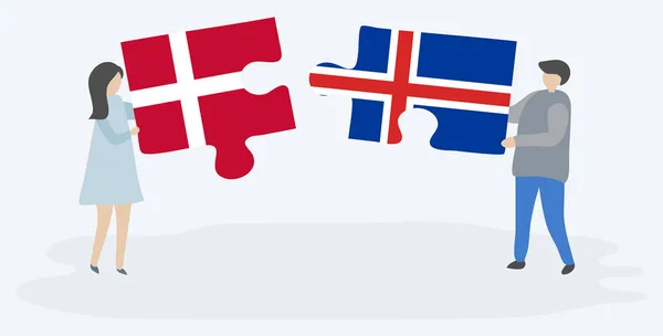 Ζευγάρι Που Κρατά Δύο Κομμάτια Παζλ Δανικά Και Ισλανδικές Σημαίες — Διανυσματικό Αρχείο