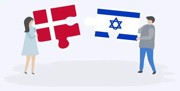 デンマークとイスラエルの旗を持つ2つのパズルのピースを保持しているカップル デンマークとイスラエルの国のシンボル — ストックベクタ