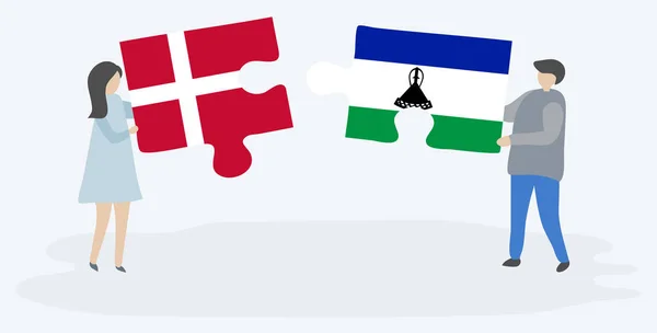 Couple Holding Two Puzzles Pieces Danish Basotho Flags Denmark Lesotho — Stock Vector