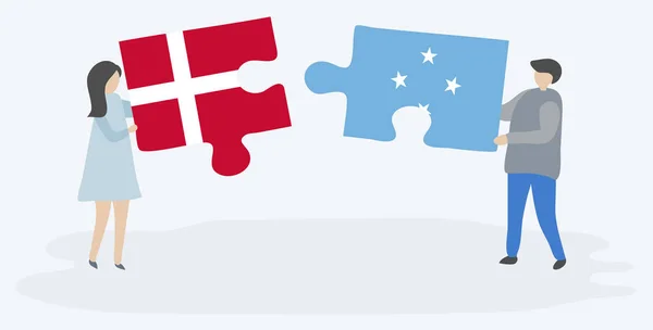 Pareja Sosteniendo Dos Piezas Rompecabezas Con Banderas Danesas Micronesianas Dinamarca — Archivo Imágenes Vectoriales