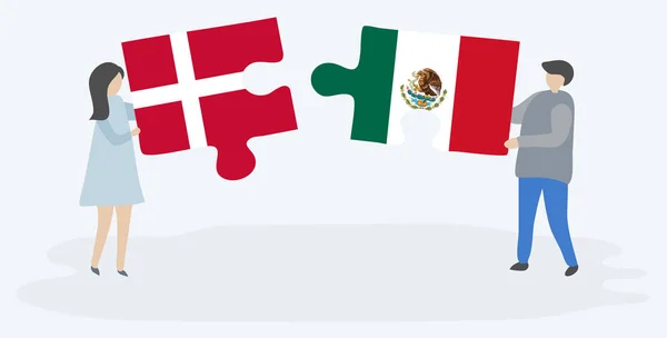 Paar Mit Zwei Puzzleteilen Mit Dänischer Und Mexikanischer Flagge Dänische — Stockvektor
