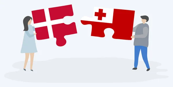 Пара Держащая Две Головоломки Датскими Тонганскими Флагами Дания Тонга Вместе — стоковый вектор