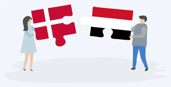 Couple Holding Two Puzzles Pieces Danish Yemeni Flags Denmark Yemen — Stock Vector