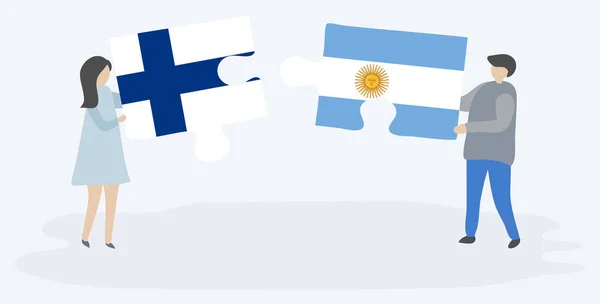 Couple Holding Two Puzzles Pieces Finnish Argentine Flags Finland Argentina — Stock Vector