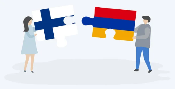 Pareja Sosteniendo Dos Piezas Rompecabezas Con Banderas Finlandia Armenia Finlandia — Vector de stock
