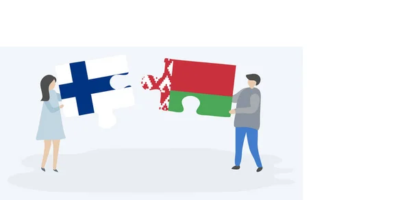 Paar Houden Twee Puzzels Stukken Met Finse Wit Russische Vlaggen — Stockvector