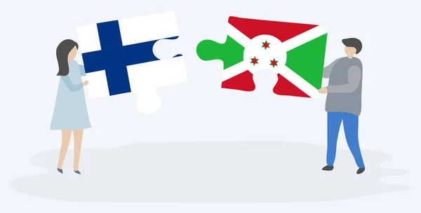 Par Som Innehar Två Pusselbitar Med Finska Och Burundiska Flaggor — Stock vektor