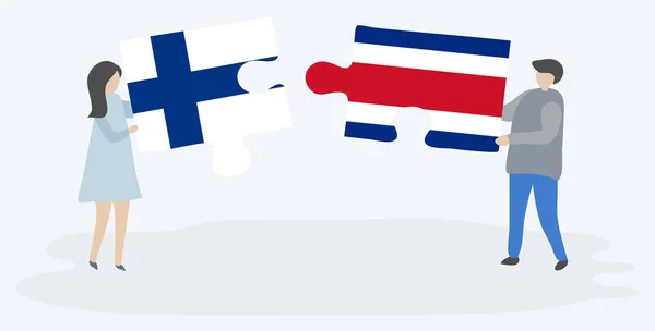 Pareja Sosteniendo Dos Piezas Rompecabezas Con Banderas Finlandesas Costarricenses Finlandia — Archivo Imágenes Vectoriales