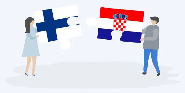 Casal Segurando Duas Peças Quebra Cabeças Com Bandeiras Finlandesas Croatas — Vetor de Stock