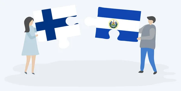 Paar Houden Twee Puzzels Stukken Met Finse Salvadoraanse Vlaggen Finland — Stockvector