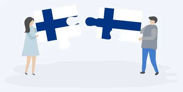 Pareja Sosteniendo Dos Piezas Rompecabezas Con Banderas Finlandesas Finlandesas Finlandia — Vector de stock