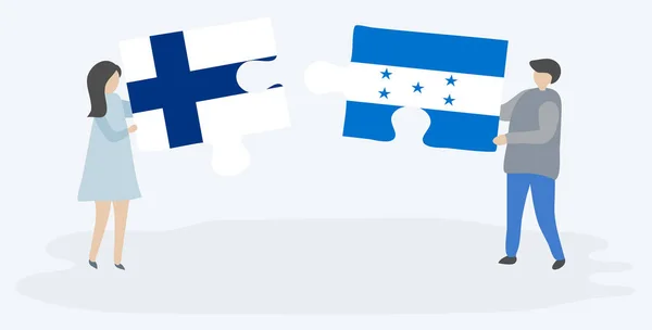 Fince Honduras Bayrakları Ile Iki Bulmaca Parçaları Tutan Çift Finlandiya — Stok Vektör