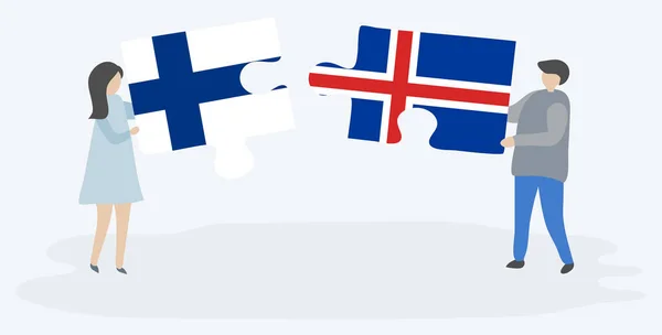 Par Som Innehar Två Pusselbitar Med Finska Och Isländska Flaggor — Stock vektor