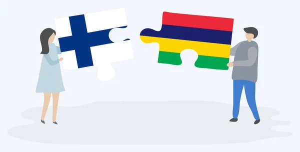 Ζευγάρι Που Κρατά Δύο Κομμάτια Παζλ Φινλανδικές Και Μαυρικίου Σημαίες — Διανυσματικό Αρχείο