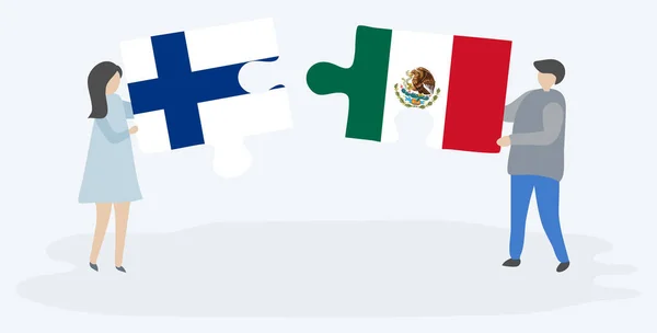 Pareja Sosteniendo Dos Piezas Rompecabezas Con Banderas Finlandesas Mexicanas Finlandia — Vector de stock