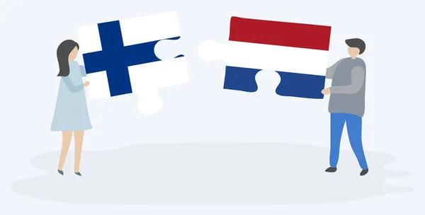 Ζευγάρι Που Κρατά Δύο Κομμάτια Παζλ Φινλανδικές Και Ολλανδικές Σημαίες — Διανυσματικό Αρχείο