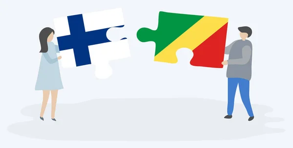 Casal Segurando Duas Peças Quebra Cabeças Com Bandeiras Finlandesas Congolesas — Vetor de Stock