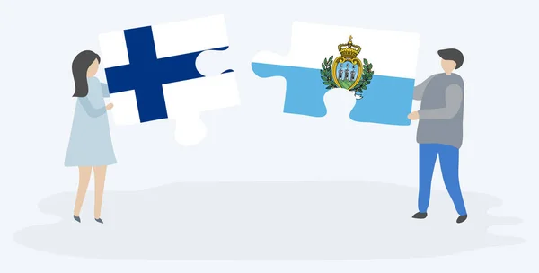 Pareja Sosteniendo Dos Piezas Rompecabezas Con Banderas Finlandesas Sammarinesas Finlandia — Vector de stock