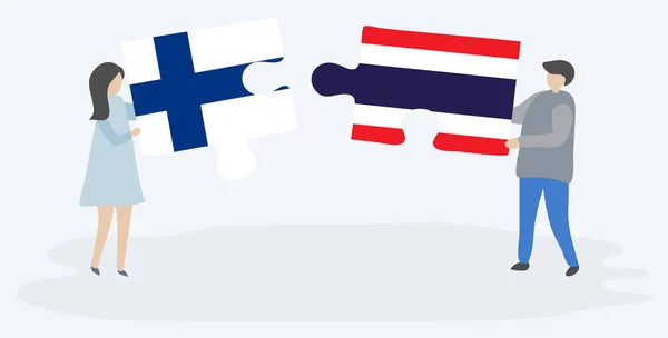 Pareja Sosteniendo Dos Piezas Rompecabezas Con Banderas Finlandesas Tailandesas Finlandia — Vector de stock