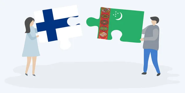 Pareja Sosteniendo Dos Piezas Rompecabezas Con Banderas Finlandesas Turcomanas Finlandia — Vector de stock