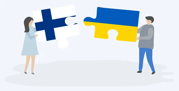 Couple Holding Two Puzzles Pieces Finnish Ukrainian Flags Finland Ukraine — Stock Vector