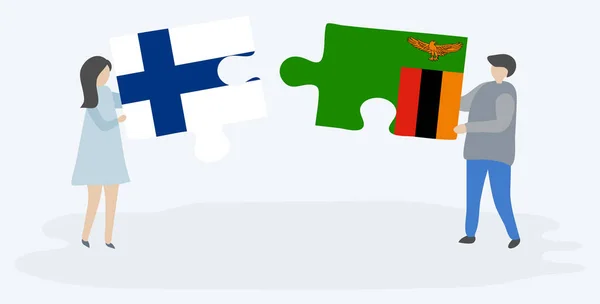 Couple Holding Two Puzzles Pieces Finnish Zambian Flags Finland Zambia — Stock Vector