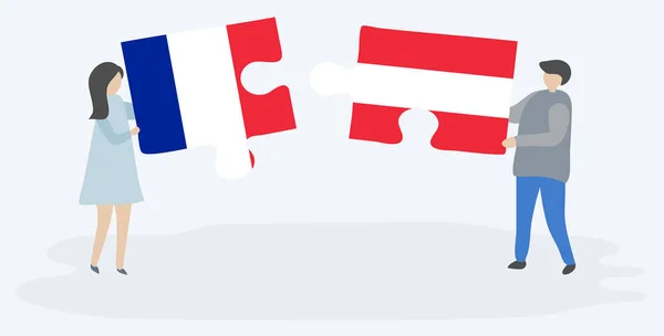 Couple Tenant Deux Pièces Puzzles Avec Des Drapeaux Français Autrichiens — Image vectorielle