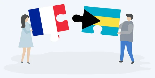 Fransız Bahama Bayrakları Ile Iki Bulmaca Parçaları Tutan Çift Fransa — Stok Vektör