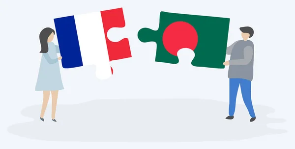 Dvojice Drží Dvě Skládanky Vlajkami Francouzů Bangladéšskými Národní Symboly Francie — Stockový vektor