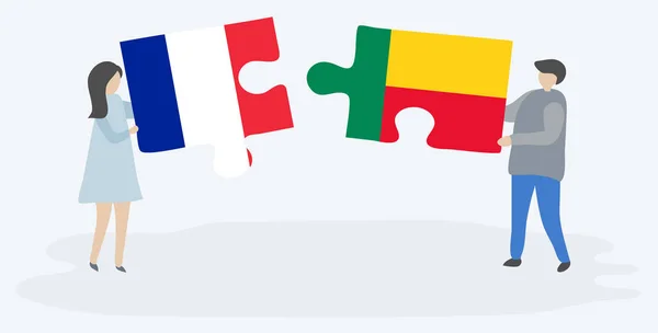 Fransız Beninese Bayrakları Ile Iki Bulmaca Parçaları Tutan Çift Fransa — Stok Vektör