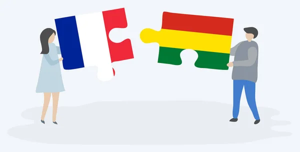 一对夫妇拿着两块拼图 上面挂着法国和玻利维亚国旗 法国和玻利维亚国家符号在一起 — 图库矢量图片