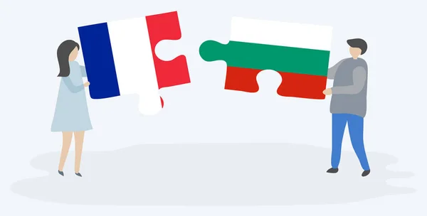 Para Trzyma Dwa Kawałki Puzzli Francuskim Bułgarskim Flag Symbole Narodowe — Wektor stockowy