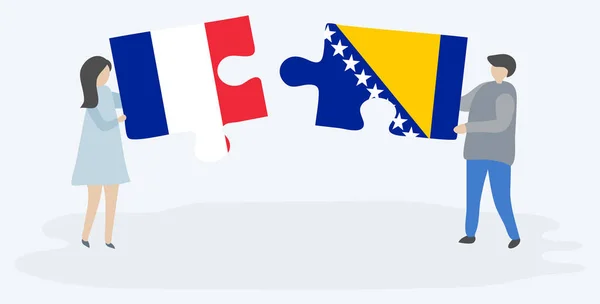 Paar Houden Twee Puzzels Stukken Met Franse Bosnische Vlaggen Frankrijk — Stockvector
