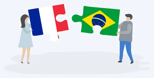 Пара Держащая Две Головоломки Французскими Бразильскими Флагами Государственные Символы Франции — стоковый вектор