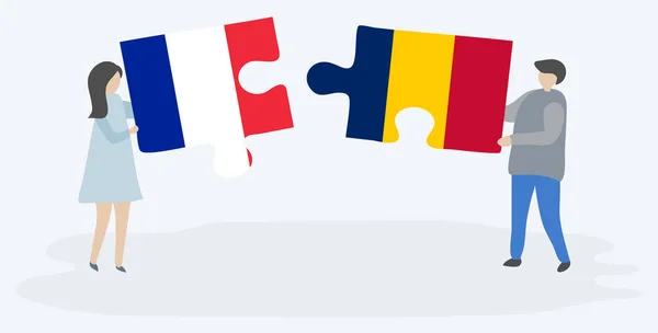 Couple Tenant Deux Pièces Puzzles Avec Des Drapeaux Français Tchadiens — Image vectorielle