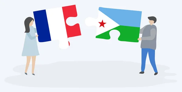 Couple Tenant Deux Pièces Puzzles Avec Des Drapeaux Français Djiboutiens — Image vectorielle