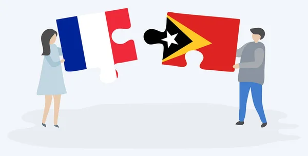 Couple Tenant Deux Pièces Puzzles Avec Des Drapeaux Français Timorais — Image vectorielle