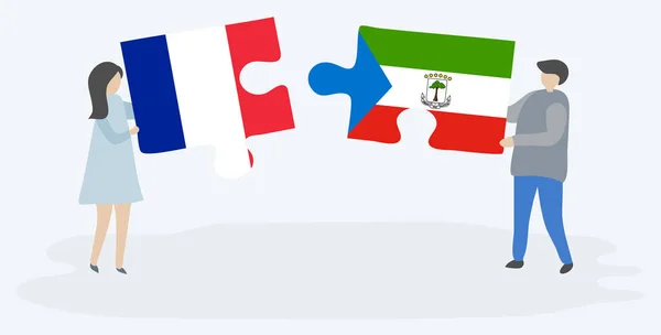 Couple Tenant Deux Pièces Puzzles Avec Des Drapeaux Guinéens Français — Image vectorielle
