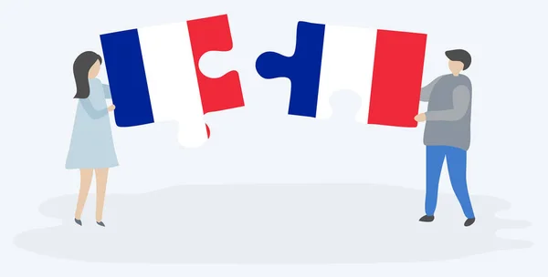 一对夫妇拿着两块拼图 上面挂着法国和法国国旗 法两国国家符号在一起 — 图库矢量图片