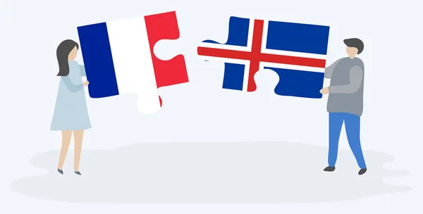 Couple Tenant Deux Pièces Puzzles Avec Des Drapeaux Français Islandais — Image vectorielle