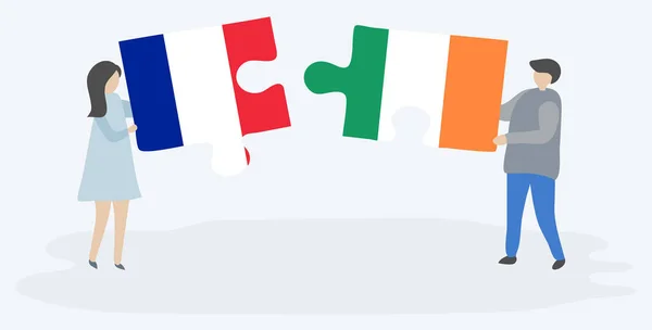 Paar Houden Twee Puzzels Stukken Met Franse Ierse Vlaggen Frankrijk — Stockvector