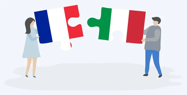 Pareja Sosteniendo Dos Piezas Rompecabezas Con Banderas Francesas Italianas Francia — Vector de stock