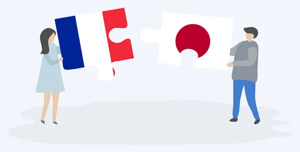 Couple Holding Two Puzzles Pieces French Japanese Flags France Japan — Stock Vector