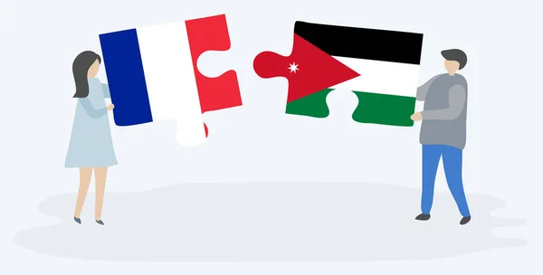 フランスとヨルダンの旗と2つのパズルのピースを保持しているカップル フランスとヨルダンのシンボル — ストックベクタ