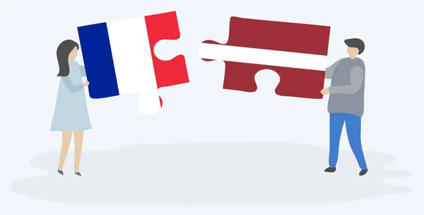 Пара Держащая Две Головоломки Французским Латвийским Флагами Государственные Символы Франции — стоковый вектор