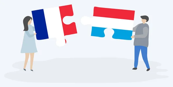 Paar Houden Twee Puzzels Stukken Met Franse Luxemburgse Vlaggen Frankrijk — Stockvector