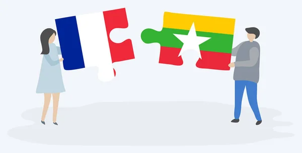 Para Trzyma Dwa Kawałki Puzzli Francuskimi Birmańskimi Flagami Symbole Narodowe — Wektor stockowy