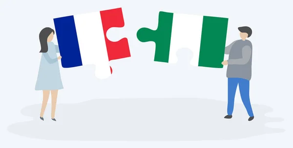 Pareja Sosteniendo Dos Piezas Rompecabezas Con Banderas Francesas Nigerianas Francia — Vector de stock
