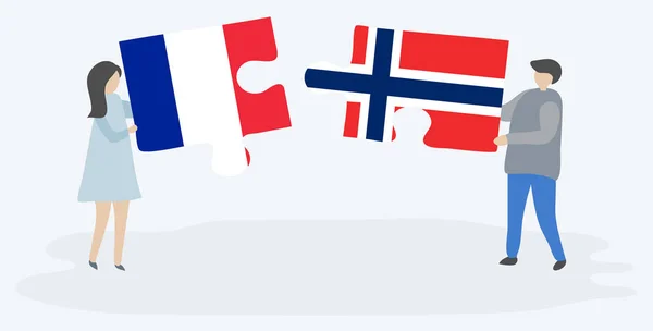 Couple Tenant Deux Pièces Puzzles Avec Des Drapeaux Français Norvégiens — Image vectorielle